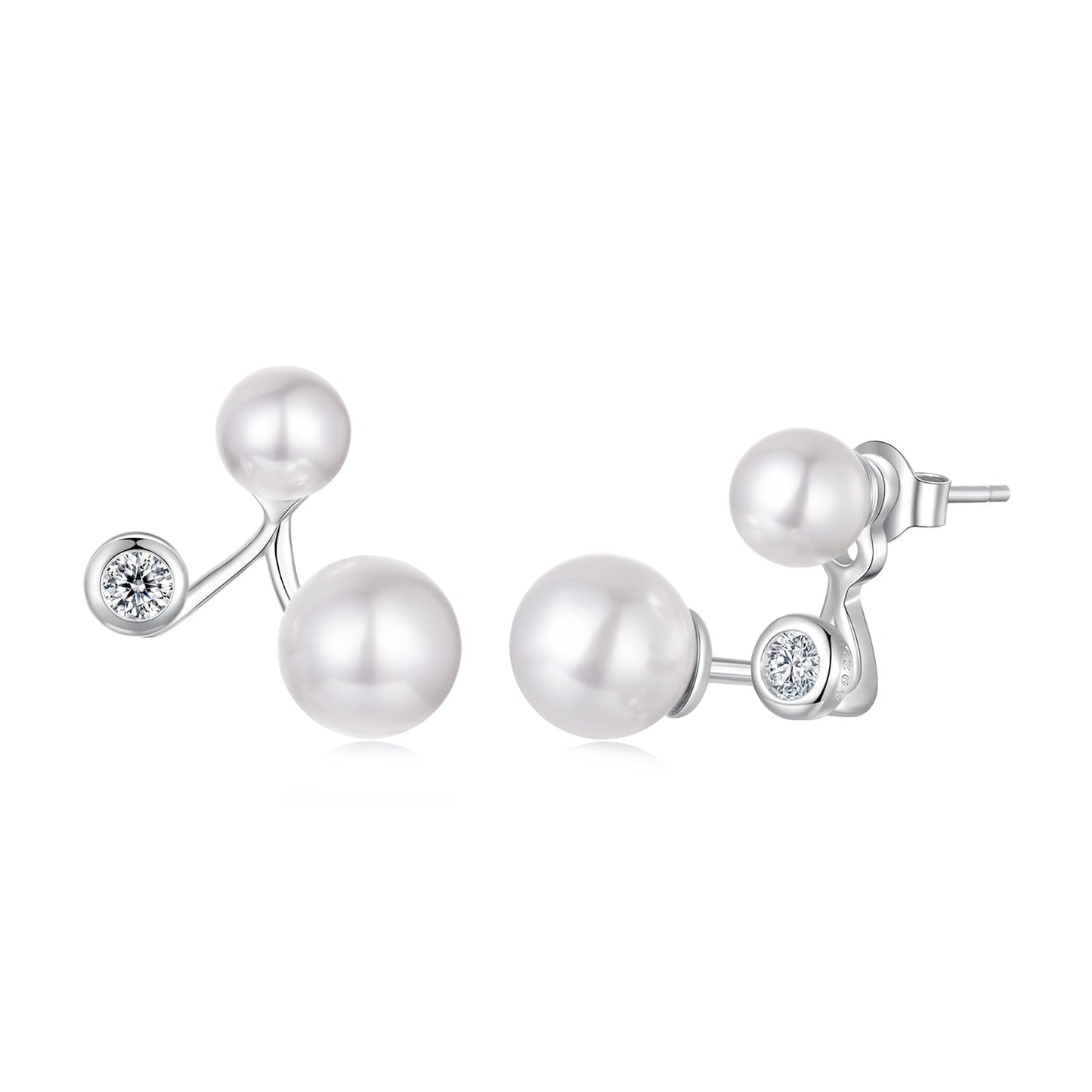 925 Sterling Silver Earrings with CZ and Synthetic Pearl, 1.7cm, White Gold Plated for Women