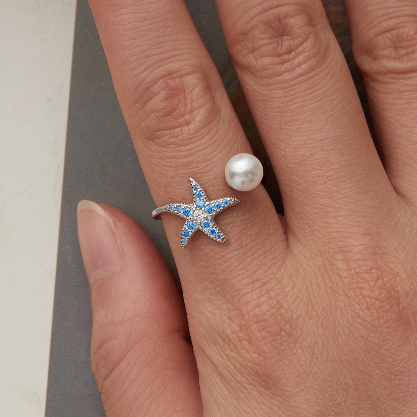 925 Sterling Silver White Gold Plated Quality Shell Pearl Starfish Ring for Women
