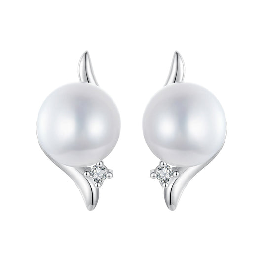 925 Sterling Silver Natural Pearl & CZ Earrings Plated in Platinum