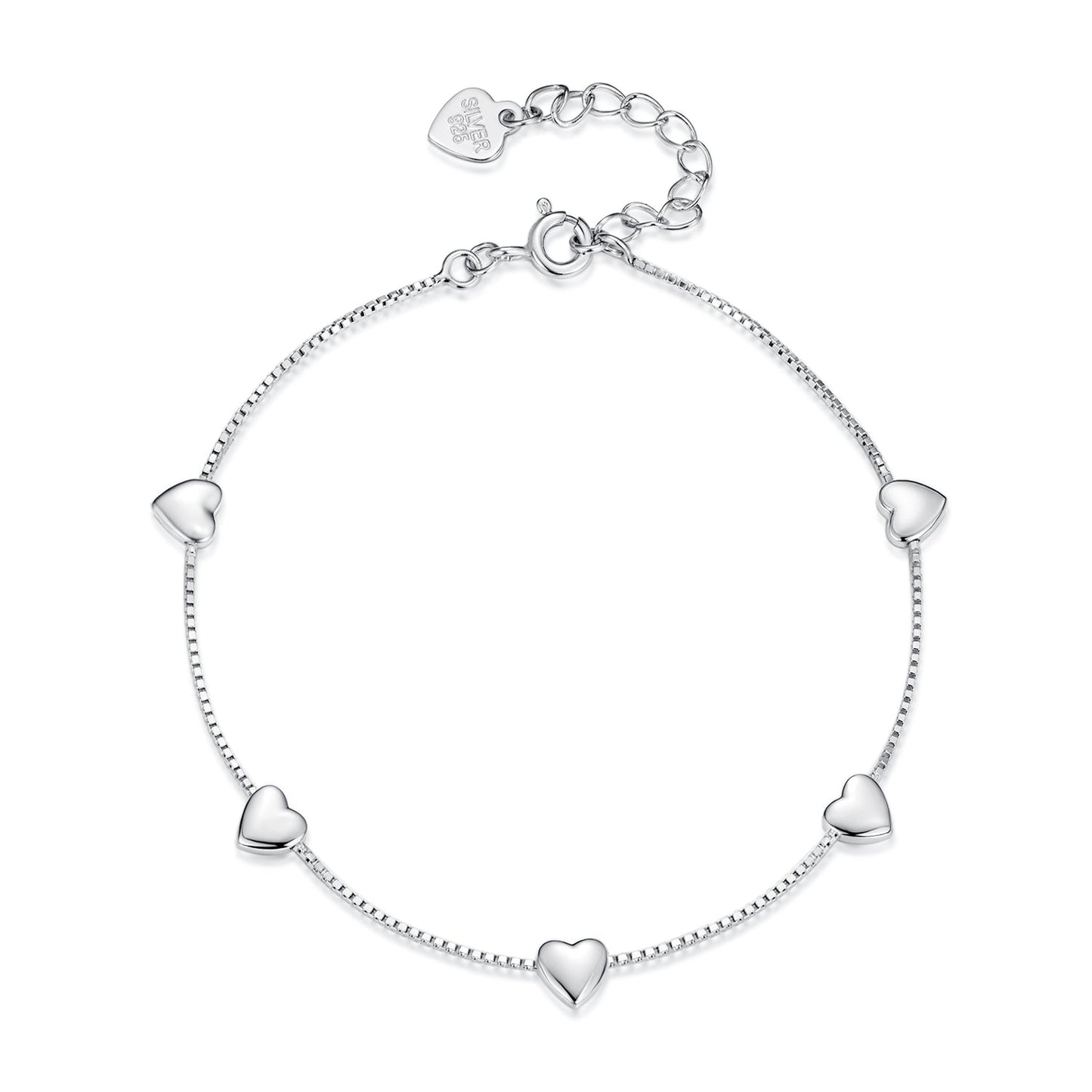 925 Sterling Silver Plated White Gold 17+3.5cm Heart-Shaped Bracelet for Women