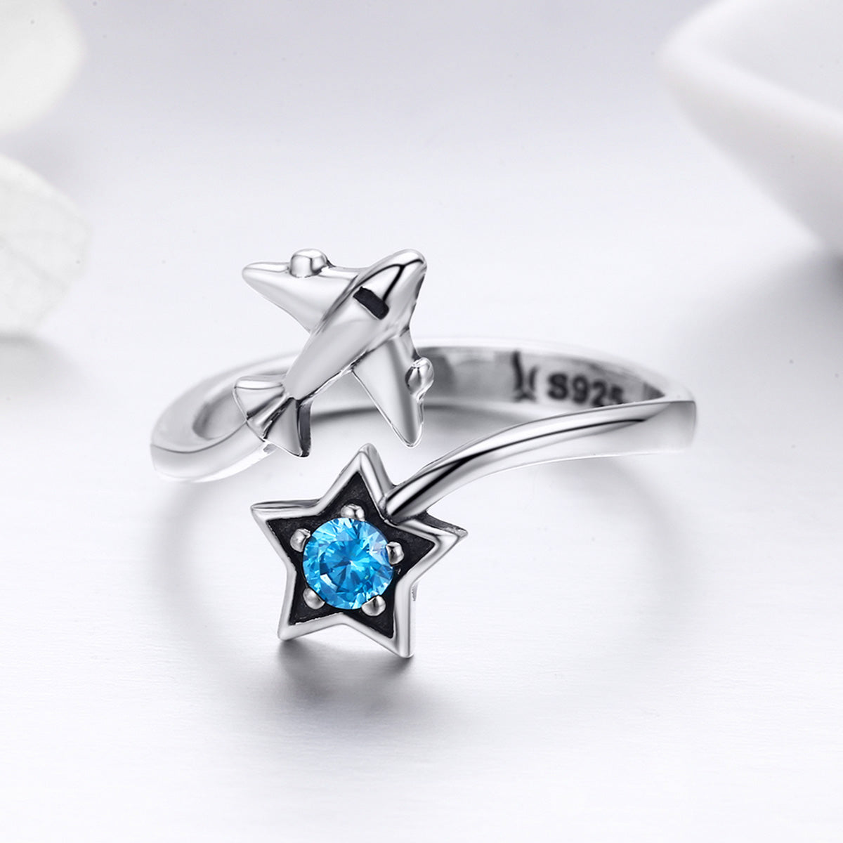 S925 Sterling Silver Star and Airplane Ring Set for Women
