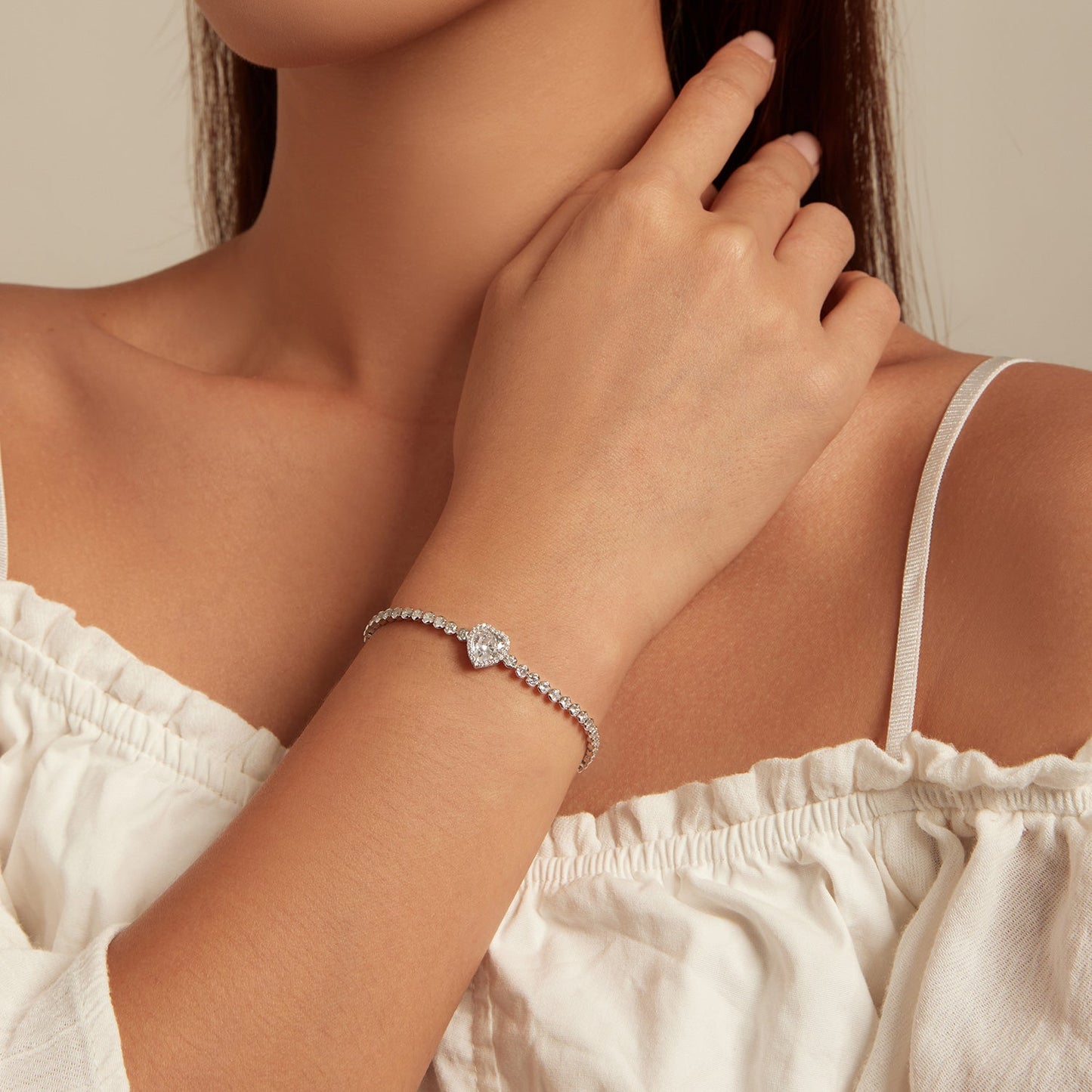 925 Sterling Silver Bracelet with CZ Zircon, 15+6.5cm, Platinum Plated for Women