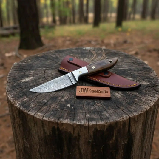 Small Damascus Utility Knife Rosewood Handle With Leather Sheath