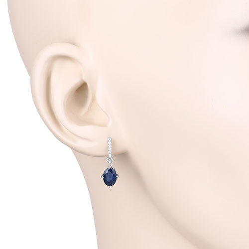 1.95 Carat Genuine Blue Sapphire and White Diamond 10K White Gold Earrings