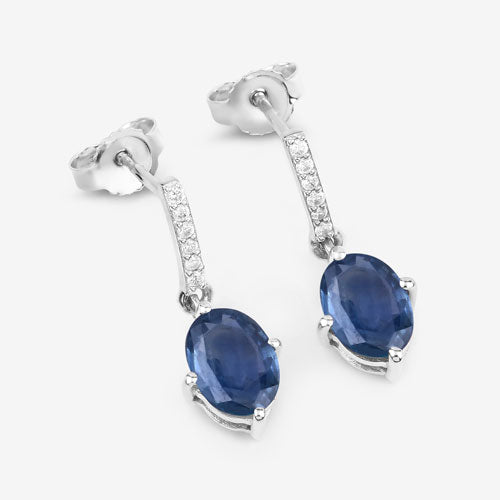 1.95 Carat Genuine Blue Sapphire and White Diamond 10K White Gold Earrings