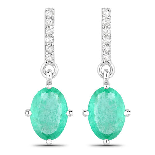 1.49 Carat Genuine Zambian Emerald and White Diamond 10K White Gold Earrings