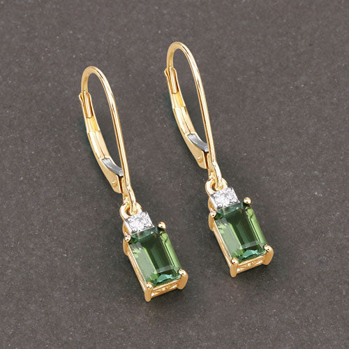 1.28 Carat Genuine Green Tourmaline and White Diamond 14K Yellow Gold Earrings
