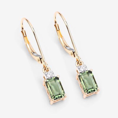 1.28 Carat Genuine Green Tourmaline and White Diamond 14K Yellow Gold Earrings