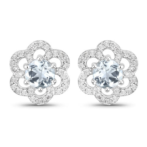 0.60 Carat Genuine Aquamarine and White Diamond 14K White Gold Earrings
