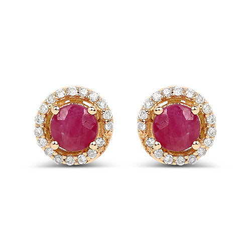 0.71 Carat Genuine Ruby and White Diamond 14K Yellow Gold Earrings