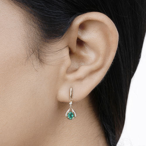 0.70 Carat Genuine Zambian Emerald and White Diamond 14K Yellow Gold Earrings