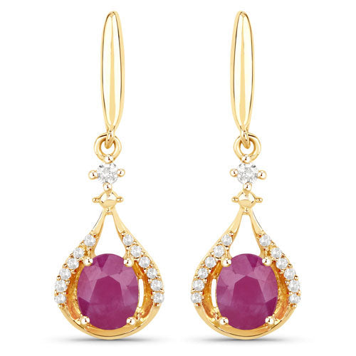 0.70 Carat Genuine Ruby and White Diamond 14K Yellow Gold Earrings