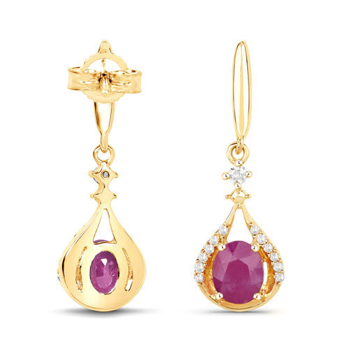 0.70 Carat Genuine Ruby and White Diamond 14K Yellow Gold Earrings