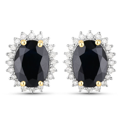 3.32 Carat Genuine Blue Sapphire and White Diamond 14K Yellow Gold Earrings