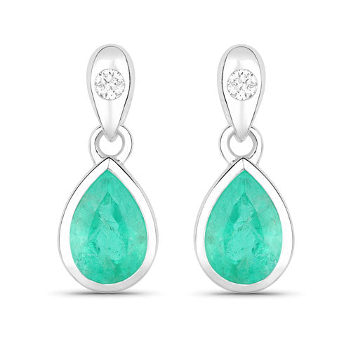 1.35 Carat Genuine Zambian Emerald and White Diamond 10K White Gold Earrings