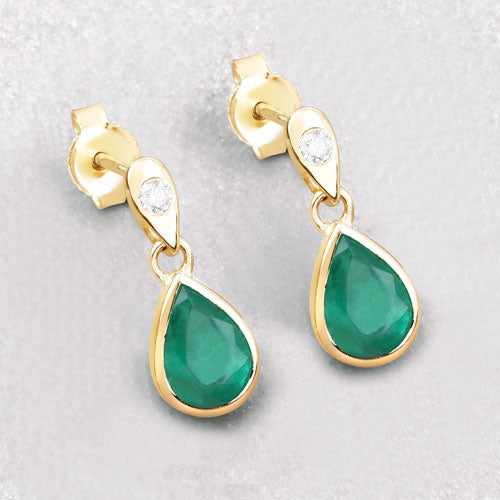 1.35 Carat Genuine Zambian Emerald and White Diamond 10K Yellow Gold Earrings