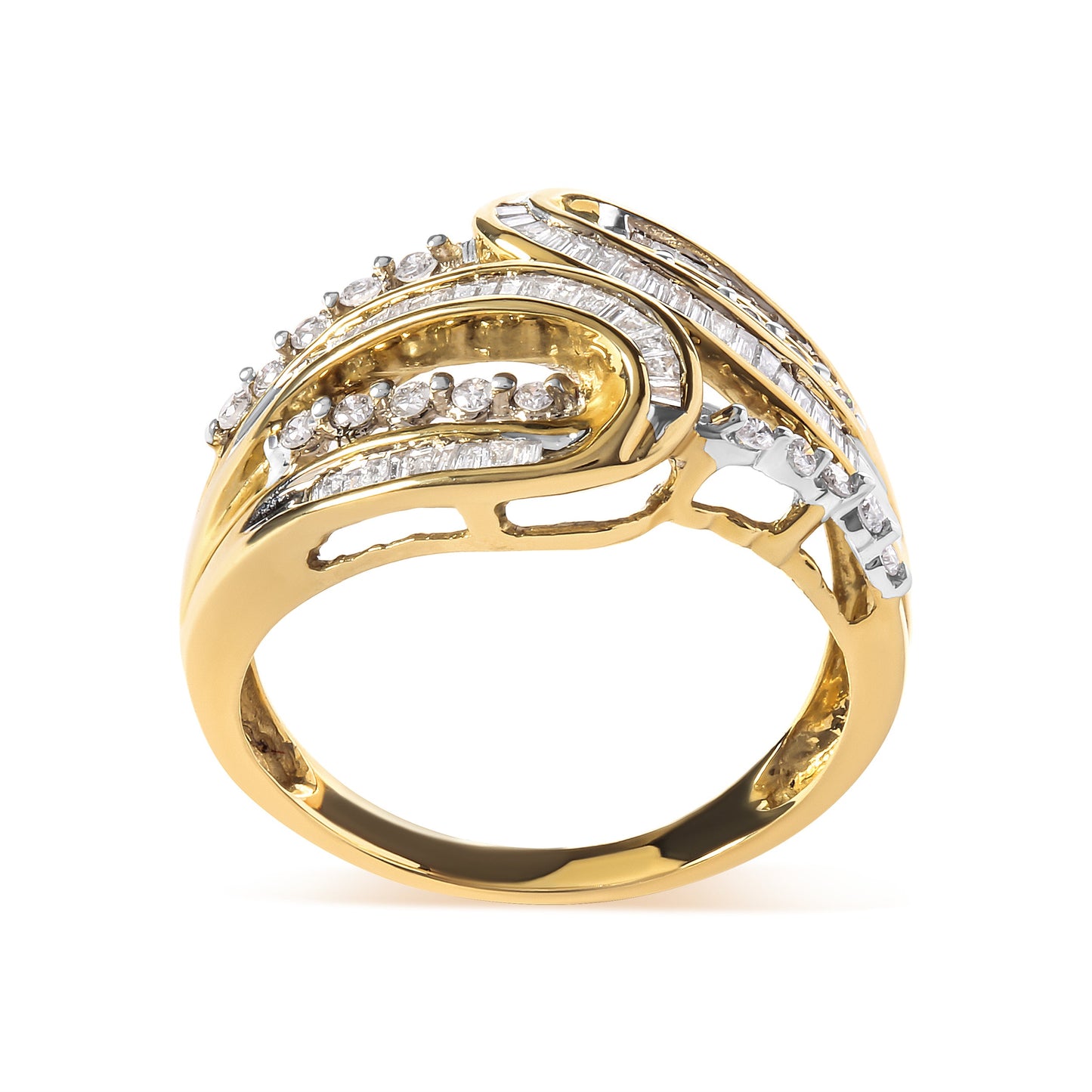 10K Yellow Gold 1/2 Cttw Round and Baguette cut Diamond Open Space Bypass Ring (H-I Color, SI2-I1 Clarity) - Ring Size 7