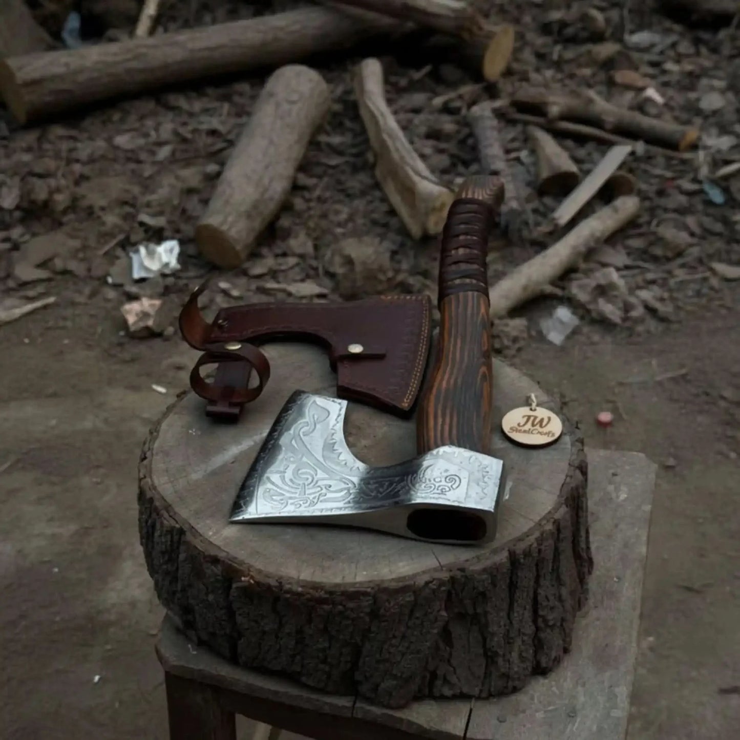 Engraved Carbon Steel Ragnar Axe with Bearded Head