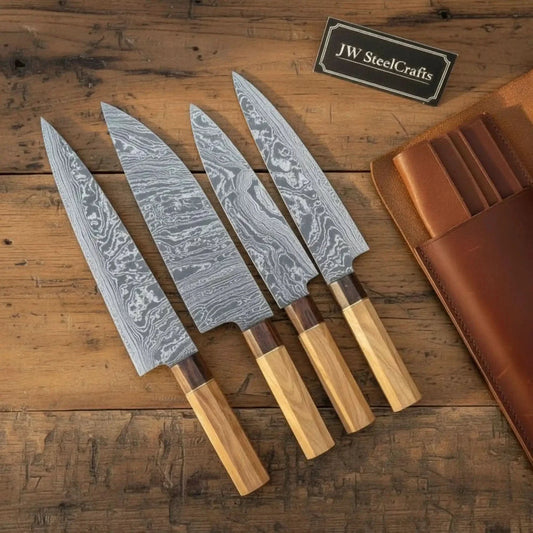 4-Piece Damascus Outdoor Camp Chef Knife Set with Wood Grain Damascus Blades and Olive Wood and Rosewood Handles