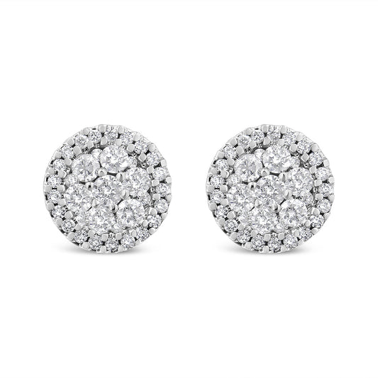 AGS Certified 14K White Gold 1.0 Cttw Brilliant-Cut Diamond Halo-Style Cluster Round Button Stud Earrings (G-H Color, I1-I2 Clarity)
