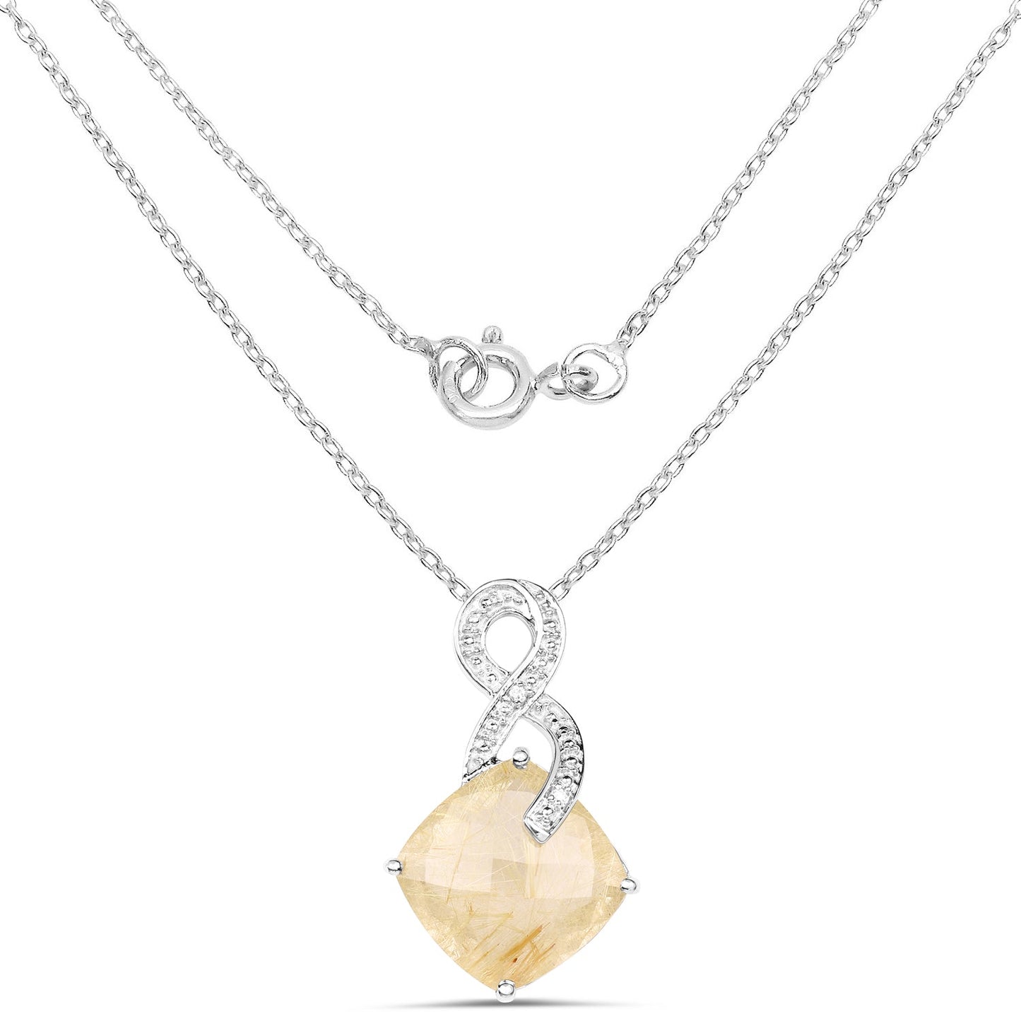 8.81 Carat Genuine Golden Rutile and White Diamond .925 Sterling Silver Pendant