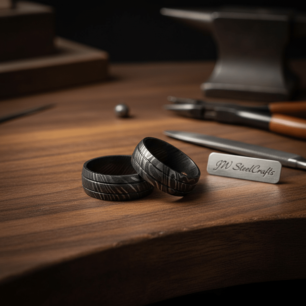 Black Damascus Double Groove Band with Etched Finish