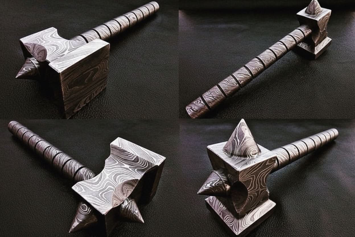Darkforge Titan Hammer 8" Handmade Full Damascus Steel Collectible with Dual Spikes