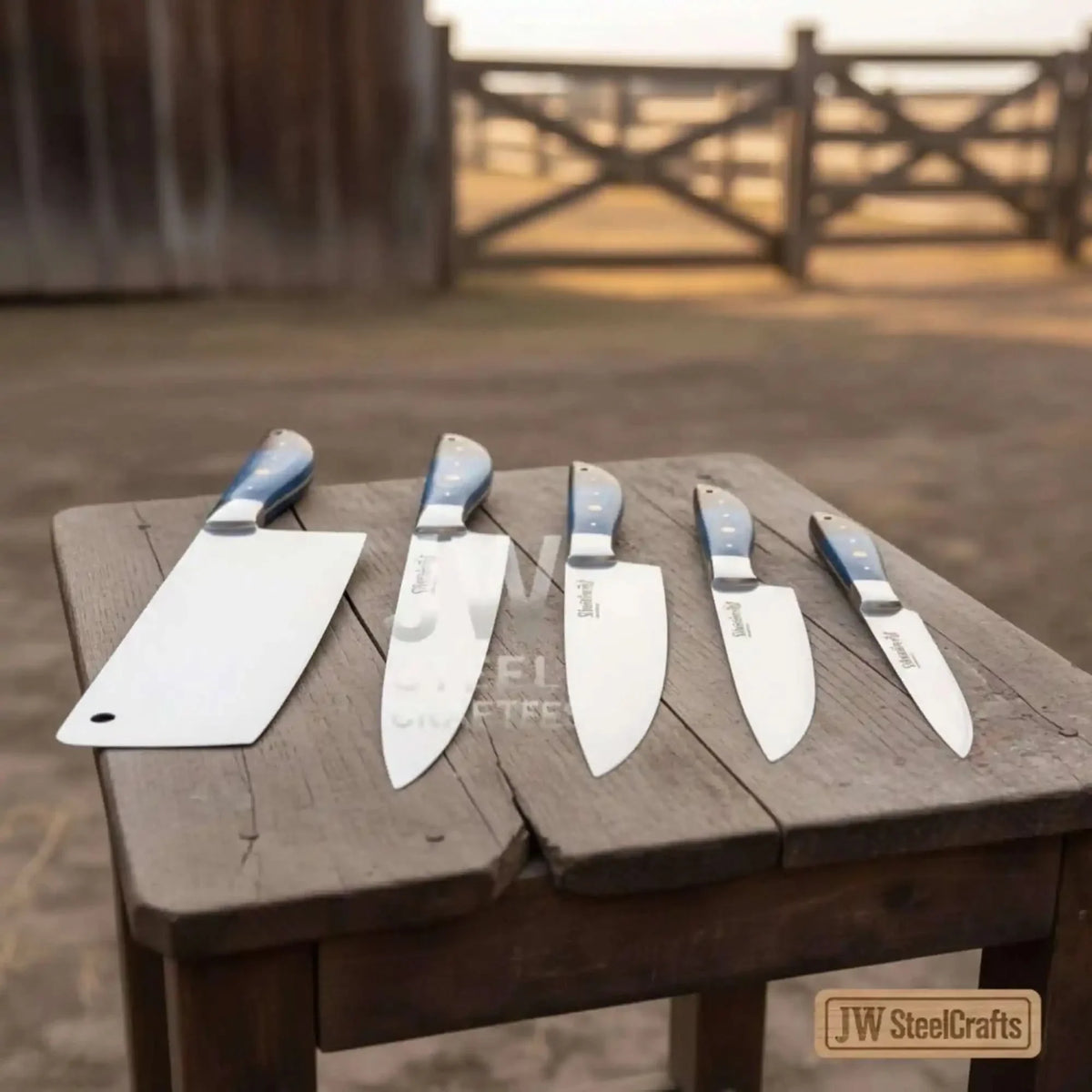 Blue Wood Damascus Chef Knife Set: 5-Piece Handmade Collection