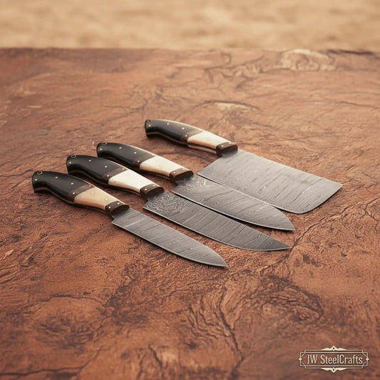 4-piece high-carbon Damascus butcher knife set – bone and horn handle with brass pins