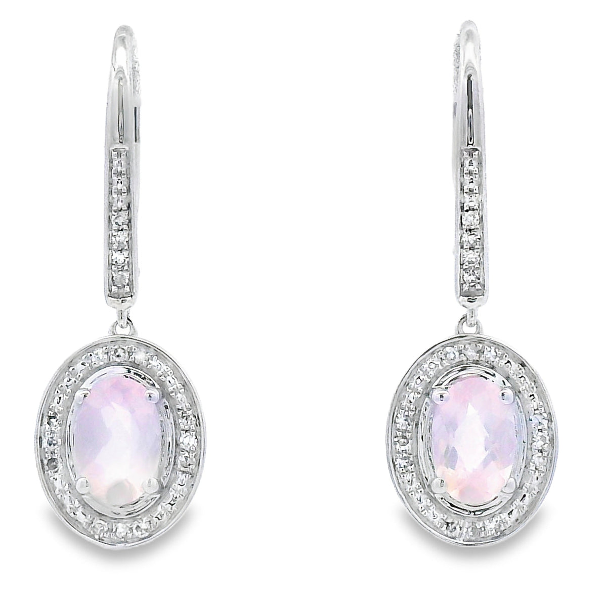 Rose Quartz Diamond Dangle Earrings 10KT White Gold