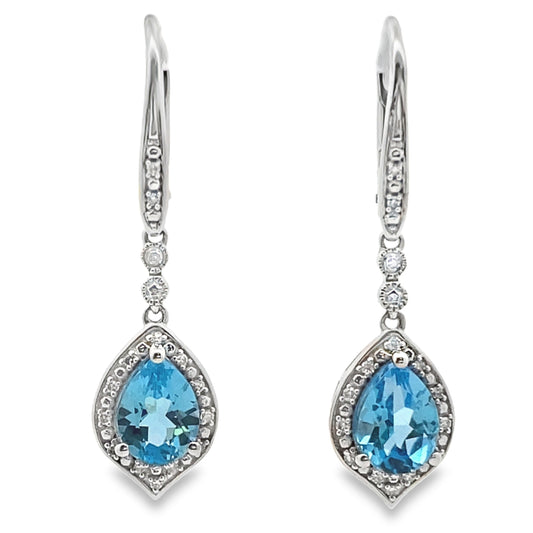 Blue Topaz Diamond Dangle Earrings 10KT White Gold