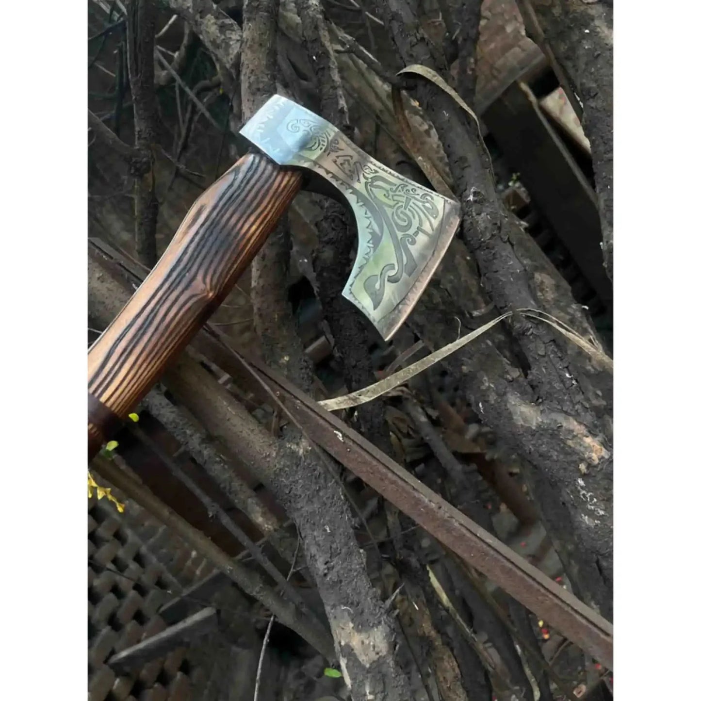 Engraved Carbon Steel Ragnar Axe with Bearded Head