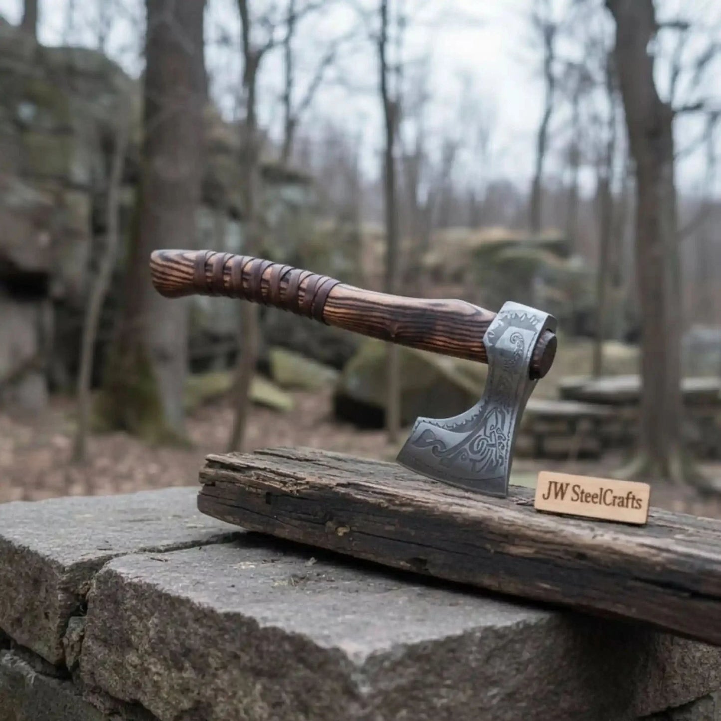 Engraved Carbon Steel Ragnar Axe with Bearded Head
