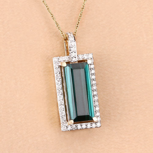 4.28 Carat Genuine Green Tourmaline and White Diamond 14K Yellow Gold Pendant