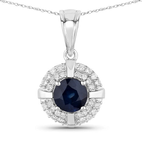 1.71 Carat Genuine Blue Sapphire and White Diamond 10K White Gold Pendant