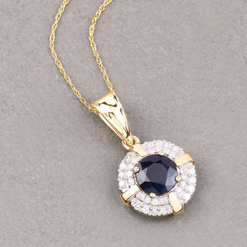1.71 Carat Genuine Blue Sapphire and White Diamond 10K Yellow Gold Pendant