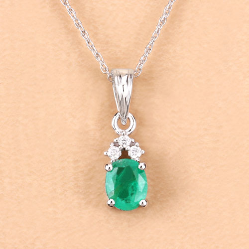 0.64 Carat Genuine Zambian Emerald and White Diamond 10K White Gold Pendant