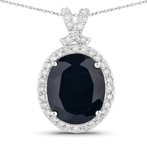 6.58 Carat Genuine Blue Sapphire and White Diamond 14K White Gold Pendant