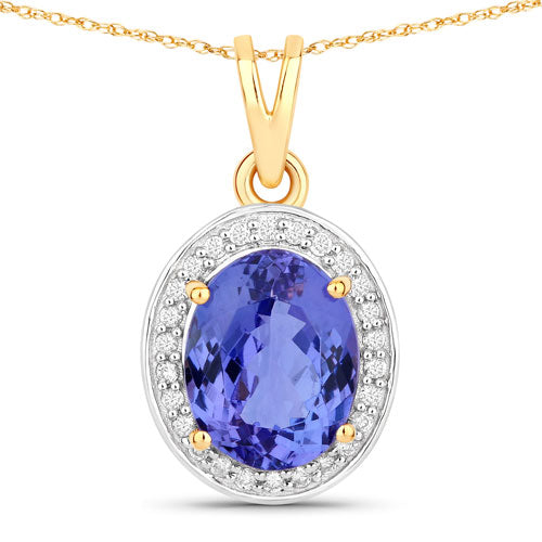 2.44 Carat Genuine Tanzanite and White Diamond 14K Yellow Gold Pendant