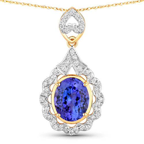 4.40 Carat Genuine Tanzanite and White Diamond 14K Yellow Gold Pendant