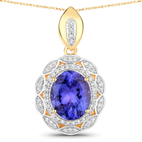 4.13 Carat Genuine Tanzanite and White Diamond 14K Yellow Gold Pendant