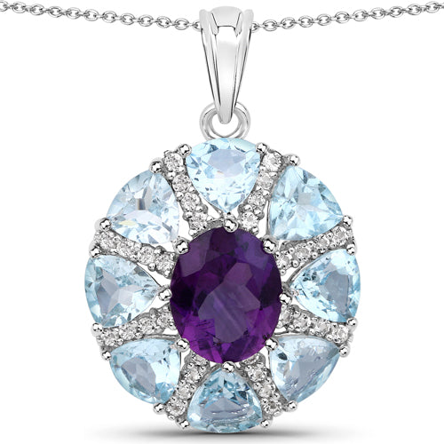 9.50 Carat Genuine Amethyst, Blue Topaz and White Topaz .925 Sterling Silver Pendant