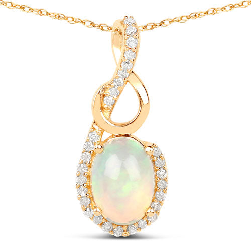0.56 Carat Genuine Ethiopian Opal and White Diamond 14K Yellow Gold Pendant