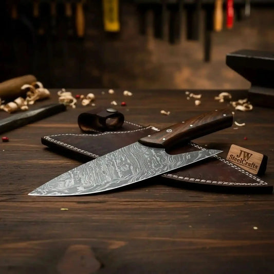 French-Style Damascus Chef Carving Knife – Fire Pattern Blade, 10" Overall, Rosewood Handle with Mosaic & Brass Pins