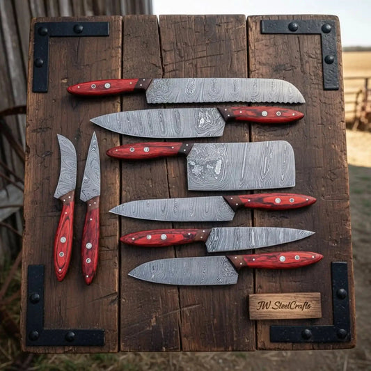 8 Piece Damascus Knife Set with Red Pakka Handles and  Leather Roll