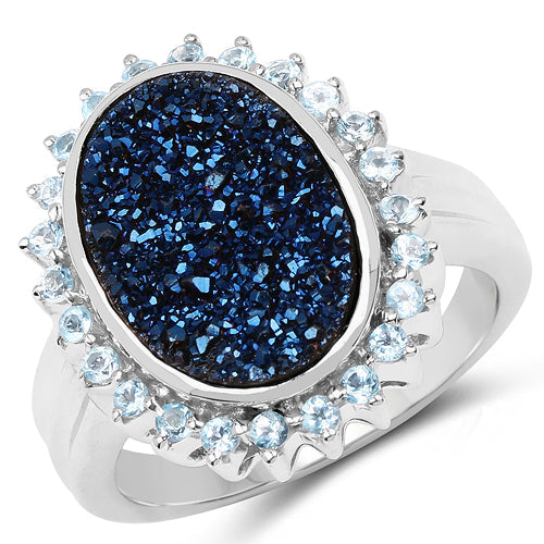 3.68 Carat Genuine Cobalt Blue Drusy & Swiss Blue Topaz .925 Sterling Silver Ring