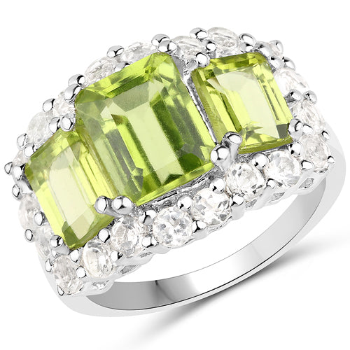 6.00 Carat Genuine Peridot and White Topaz .925 Sterling Silver Ring
