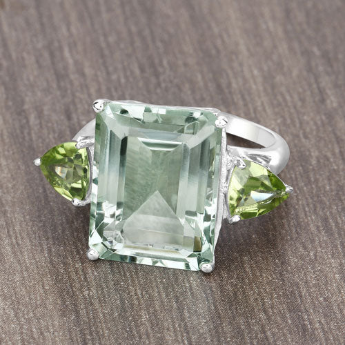 11.90 Carat Genuine Green Amethyst and Peridot .925 Sterling Silver Ring