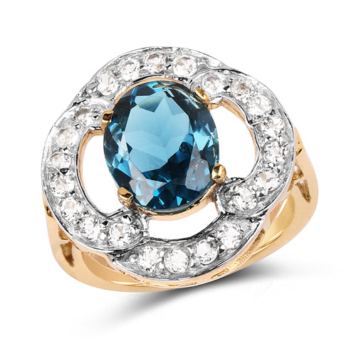 14K Yellow Gold Plated 5.13 Carat Genuine London Blue Topaz & White Topaz .925 Sterling Silver Ring
