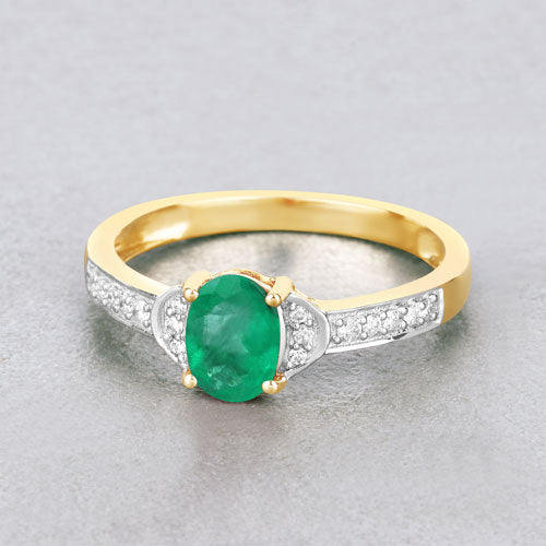 0.82 Carat Genuine Zambian Emerald and White Diamond 10K Yellow Gold Ring